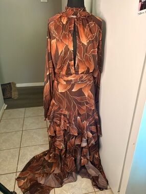 Fashion Nova Brown Leaf-Print Long Sleeve Maxi Dress